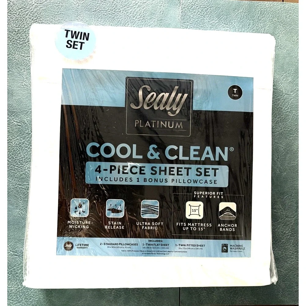 Sealy Platinum COOL & CLEAN 4-Piece Twin Sheet Set in White - NEW